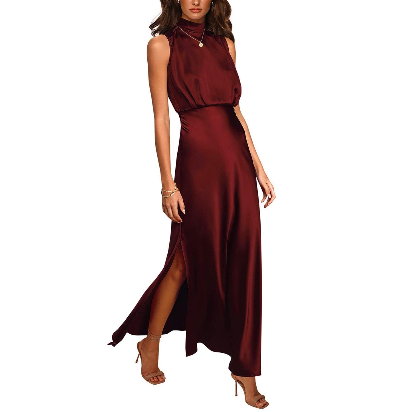 Michelle – Satin dress with stand-up collar