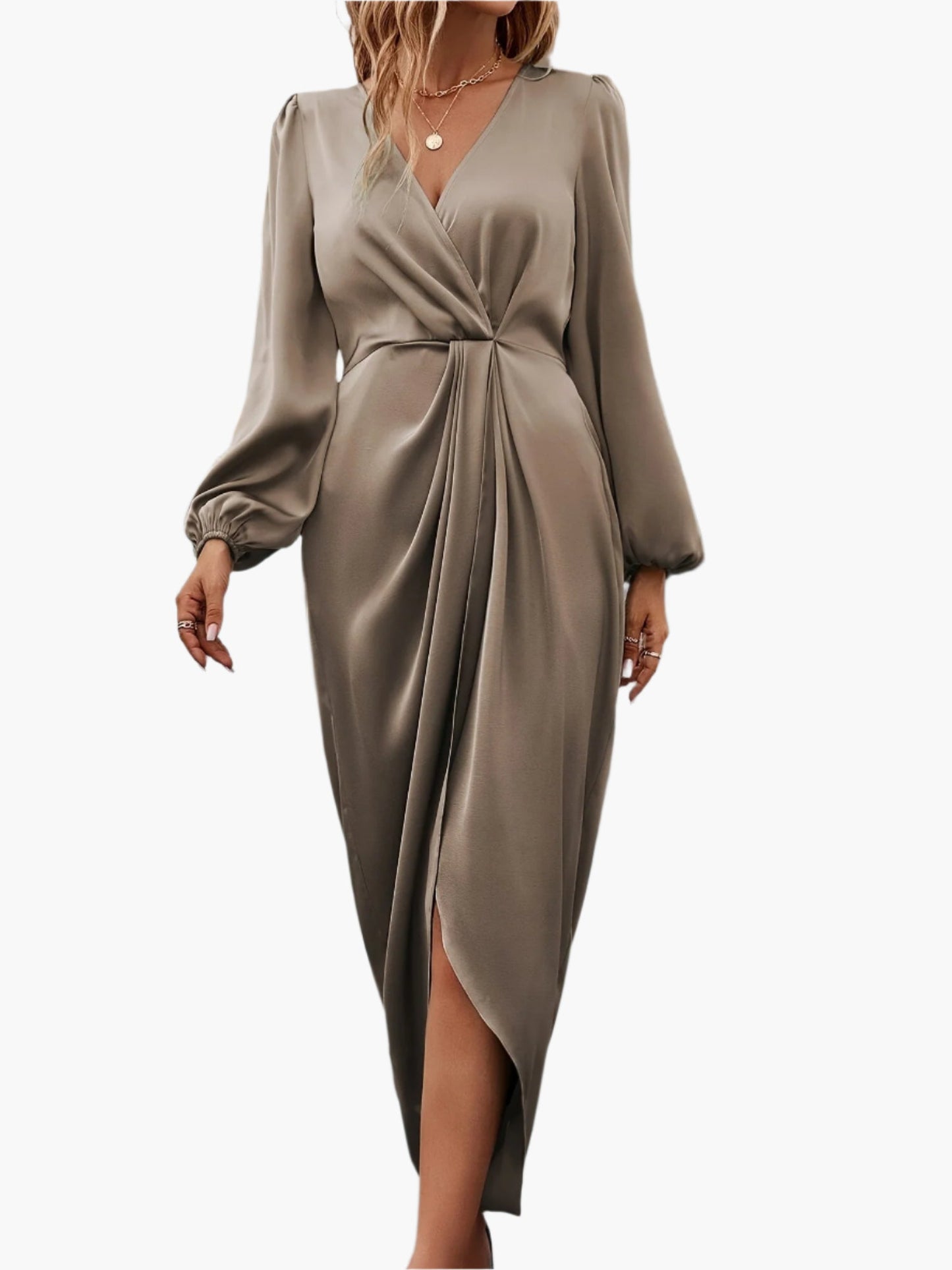 Damen Elegantes Wickelkleid – Formelles Cocktail- & Abendkleid mit Langarm und V-Ausschnitt, Perfekt für Festliche Anlässe