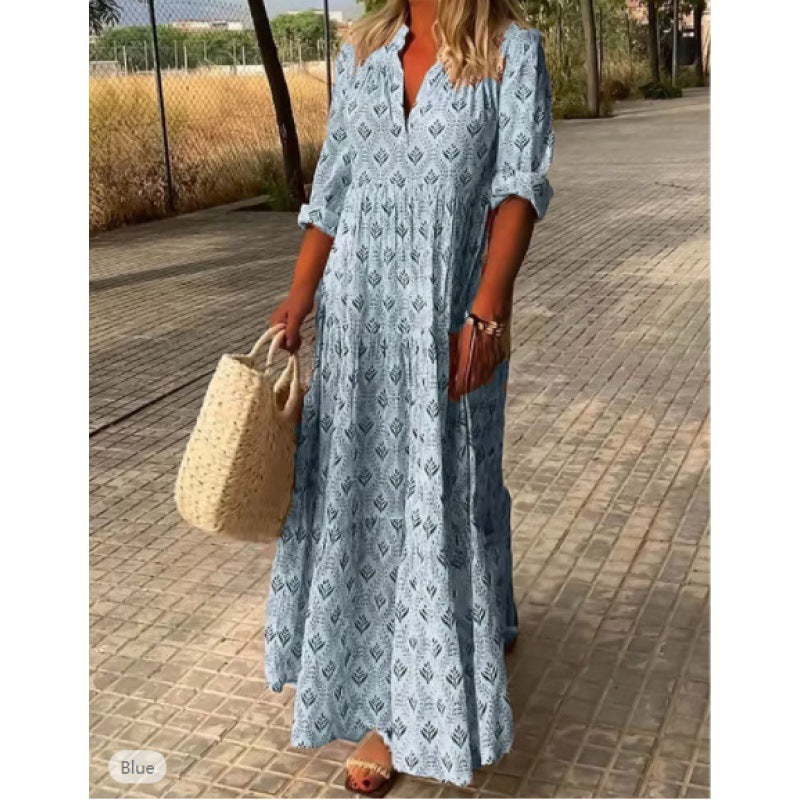 Damen Boho Maxikleid mit Hemdkragen und Falten – Sommer Freizeitkleid für Urlaub & Alltag