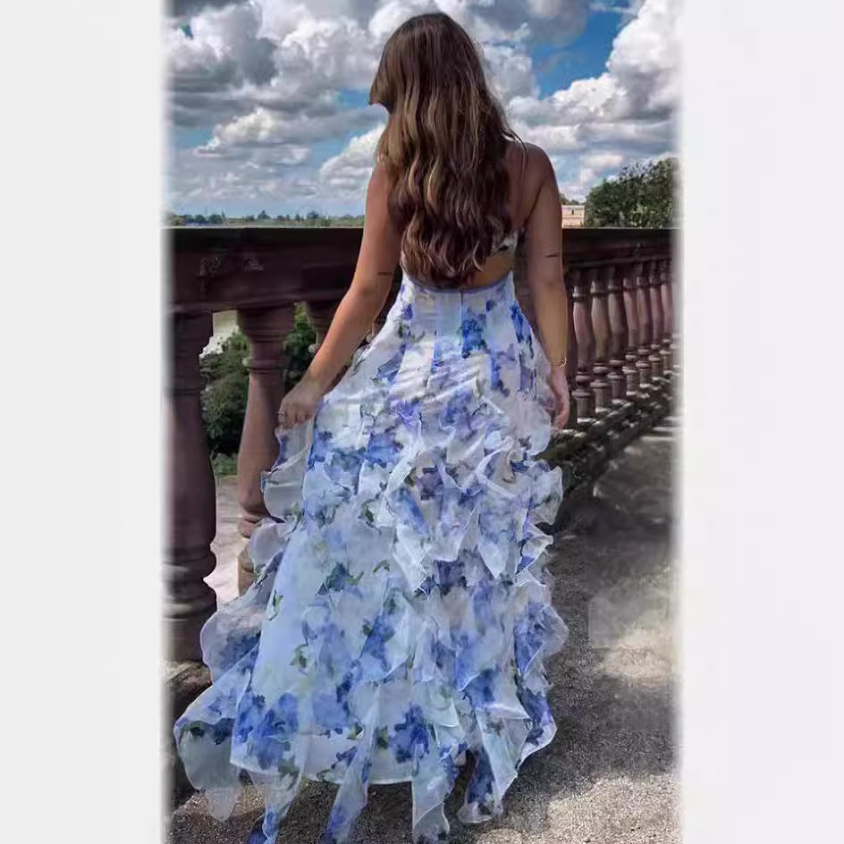 Damen Elegantes Maxikleid mit Blumen und Volants – Perfekt für besondere Anlässe und Abendveranstaltungen