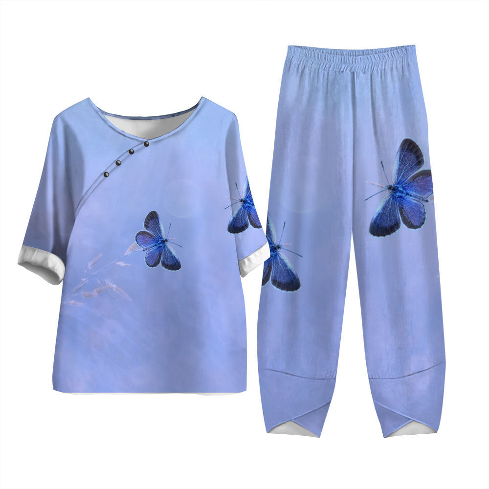 Damen Freizeit Set im Japanischen Stil mit Libellen-Print – Zweiteiler, Bequem für Alltag & Reisen