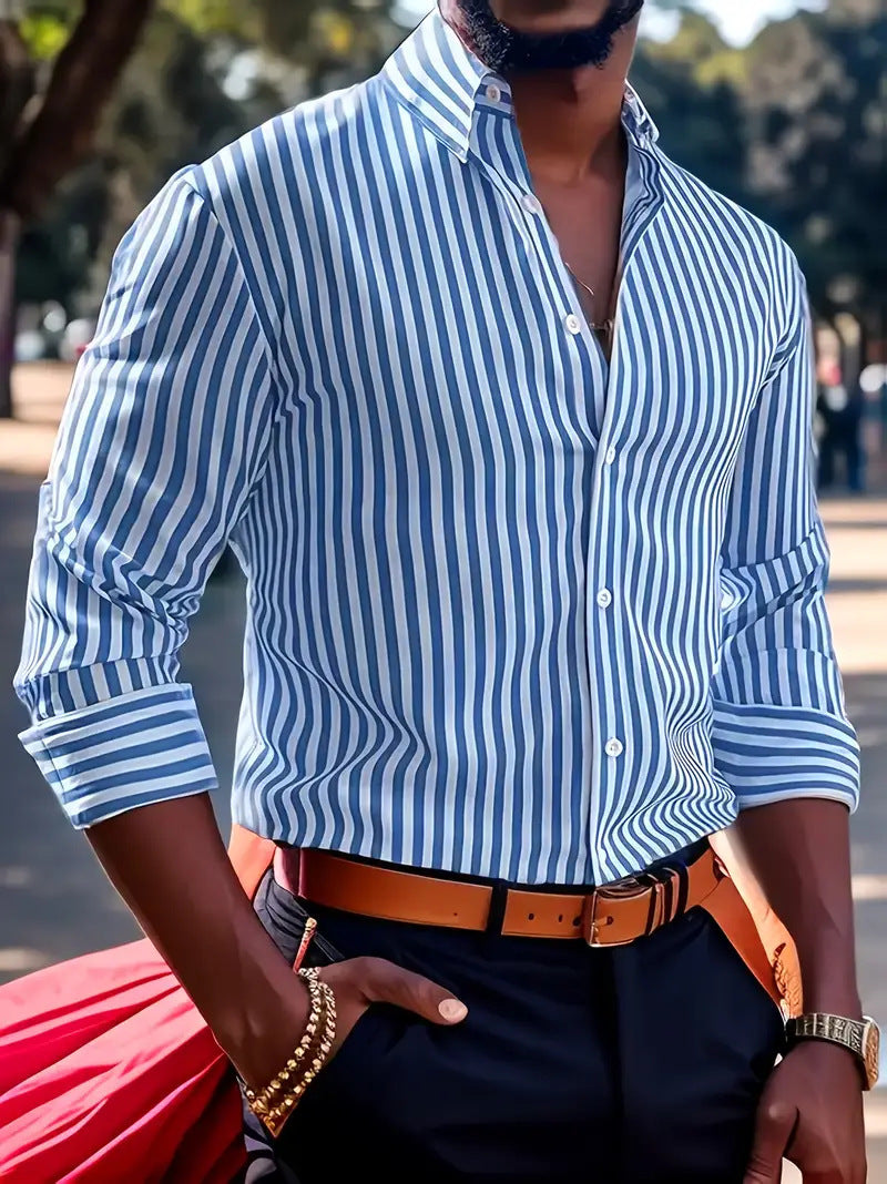 Herren Business-Freizeit Hemd mit vertikalen Streifen und Knopfleiste – Moderner Slim Fit Look