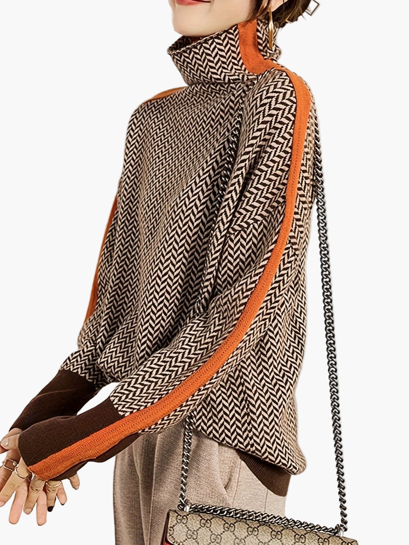 Damen Pullover mit Stehkragen und modernem Zickzackmuster – Eleganter Strickpulli für Herbst & Winter