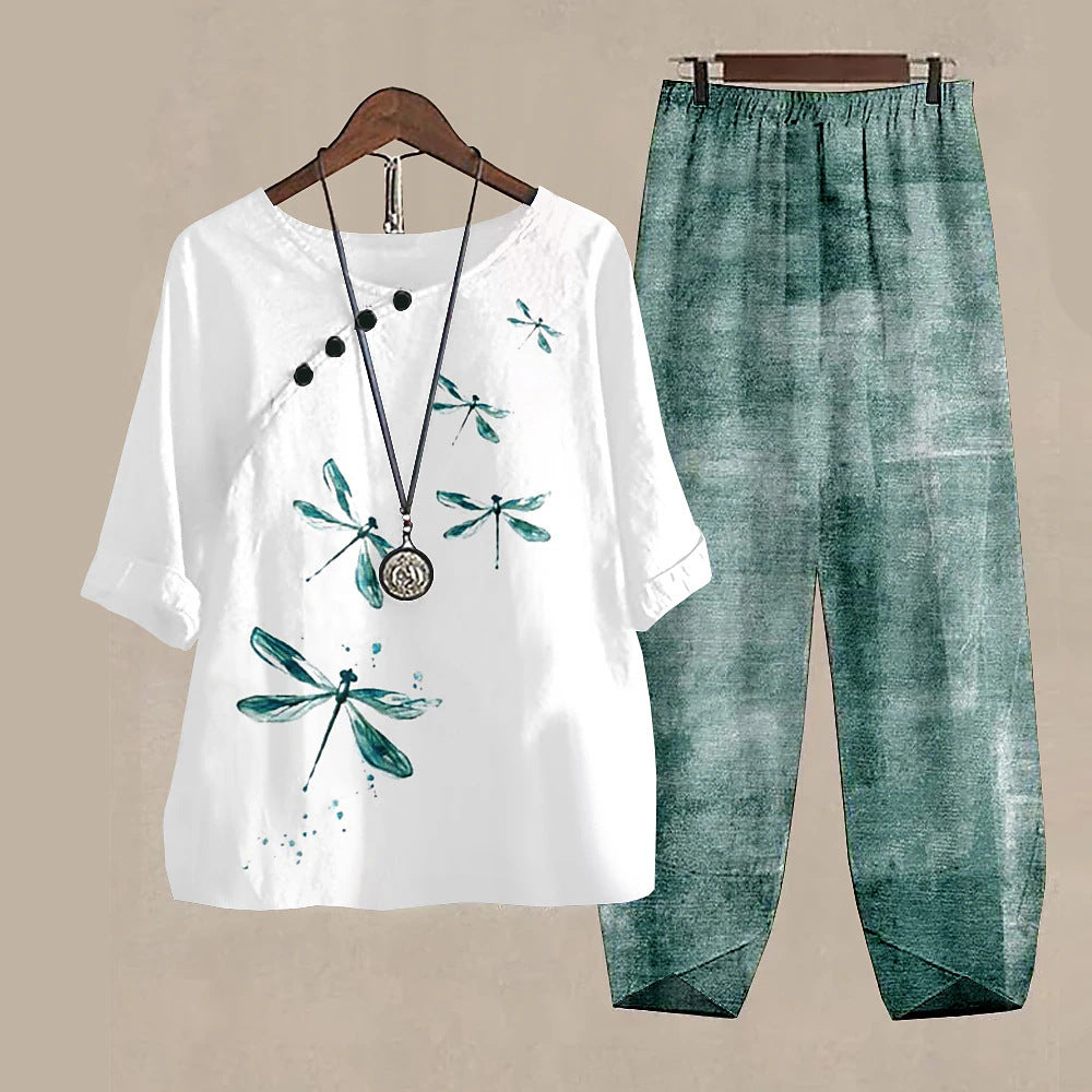Damen Freizeit Set im Japanischen Stil mit Libellen-Print – Zweiteiler, Bequem für Alltag & Reisen