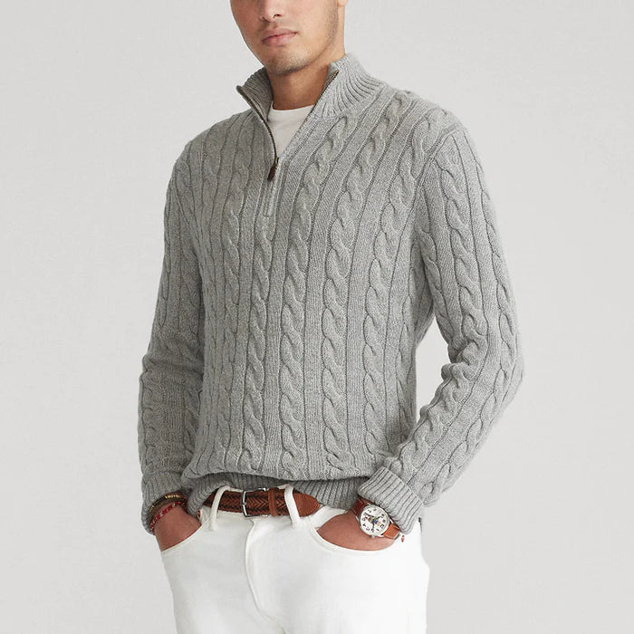 Herren Strickpullover mit Zopfmuster – Klassischer Halbreißverschluss, stilvoll und vielseitig für Alltag und Büro