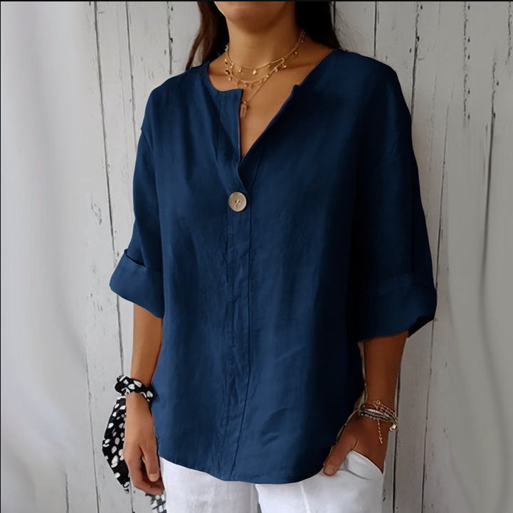 Esme – Lockere Damen T-Shirt mit V-Ausschnitt aus Baumwolle und Leinen