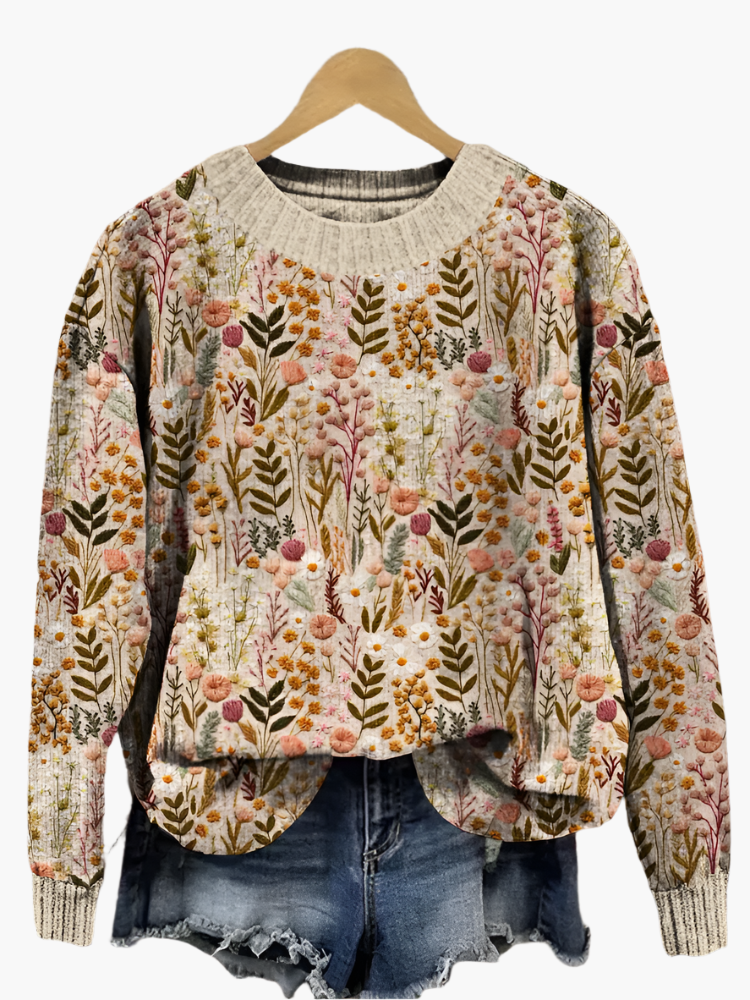 Women's Sweater with Floral Embroidery – Casual Boho Style for Leisure and Everyday Wear