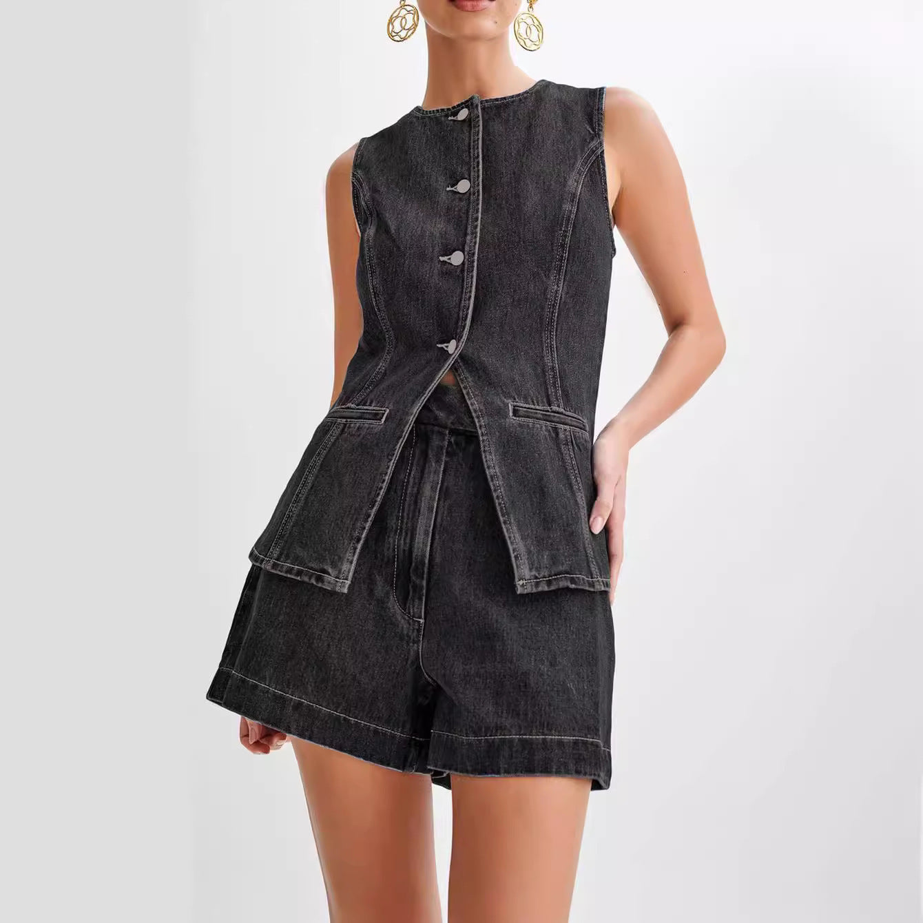 Damen Zweiteiler Jeansweste und High-Waist Shorts Set – Modisches Streetwear Outfit für Freizeit & Sommer