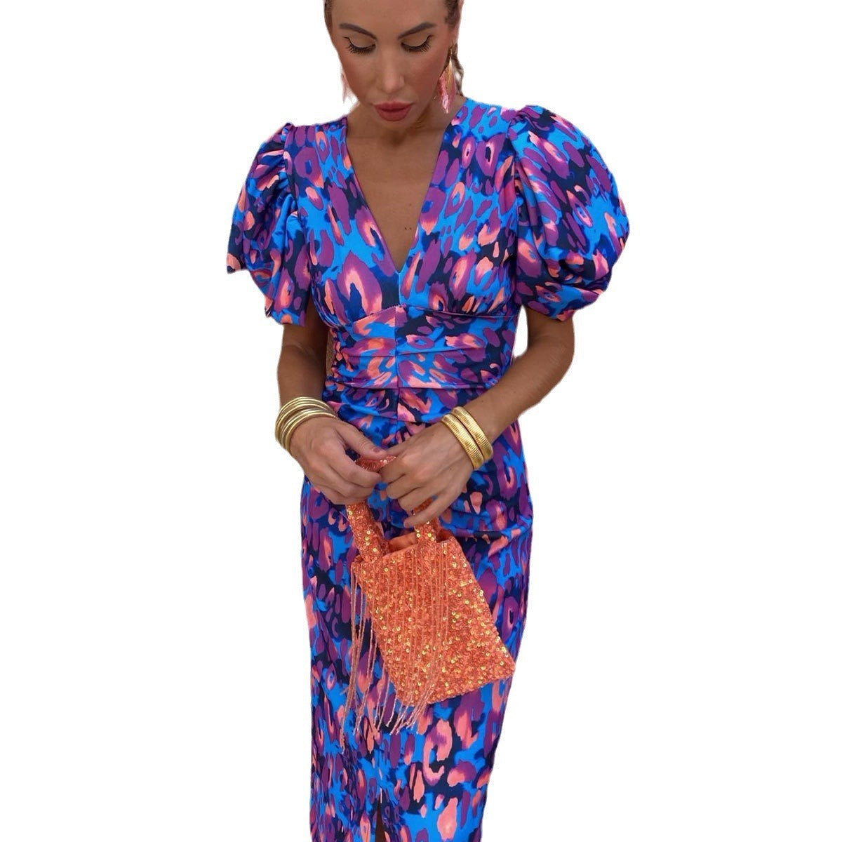 Women's Statement Midi Dress with Puff Sleeves – Elegant Party Dress with Modern Cut