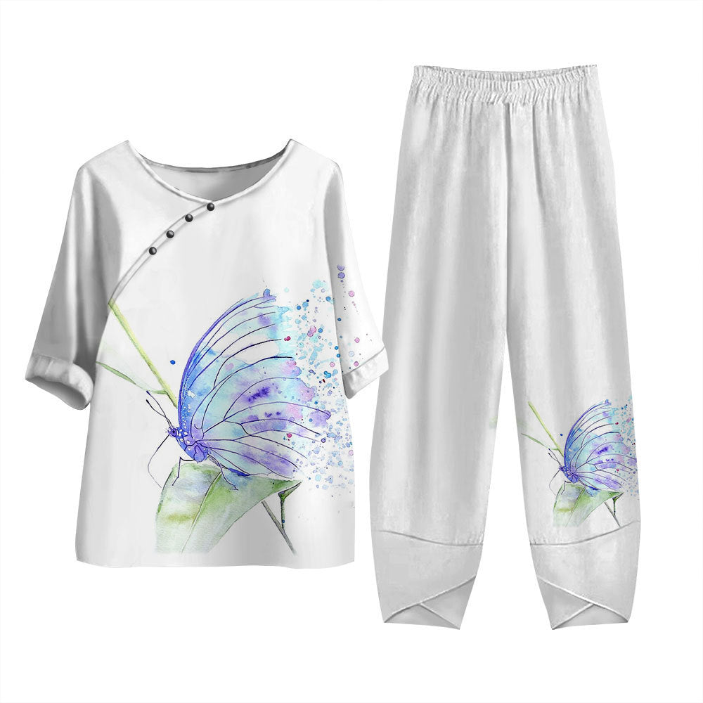 Damen Freizeit Set im Japanischen Stil mit Libellen-Print – Zweiteiler, Bequem für Alltag & Reisen