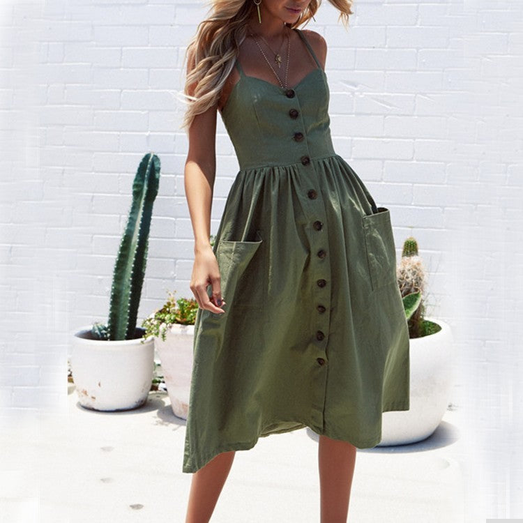Alison – Sexy Träger Kleid mit Knopf und Taschen
