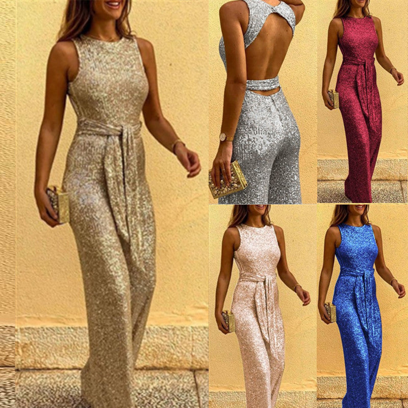 Francesca – Sleeveless sexy sequin jumpsuit with silver dots