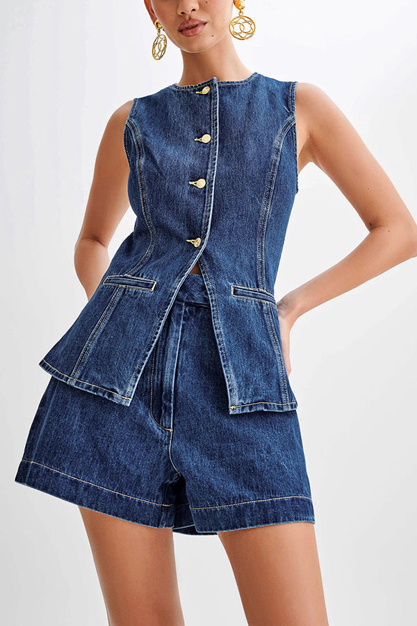 Damen Zweiteiler Jeansweste und High-Waist Shorts Set – Modisches Streetwear Outfit für Freizeit & Sommer