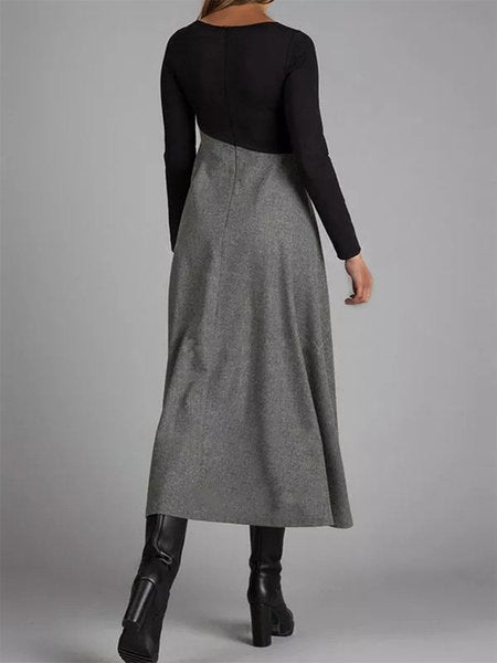 Damen Elegantes Midikleid mit Kontrastnähten und Langarm – Schwingender Schnitt für Büro & Alltag