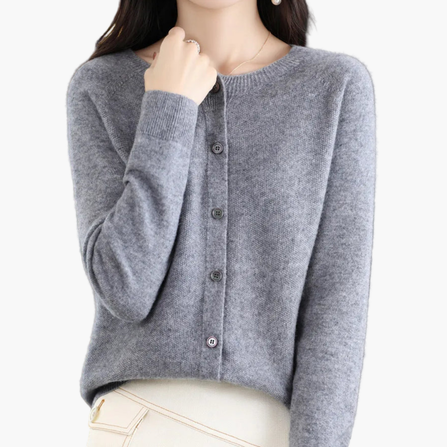Damen Strickjacke mit Rundhalsausschnitt – Klassischer Cardigan für Alltag, Büro und Freizeit