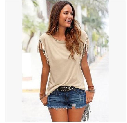 Lisa – Damen T-Shirt mit Rundhalsausschnitt und Fransen