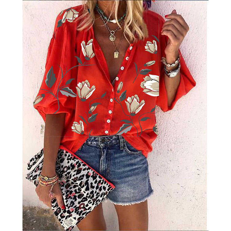 Kate – Flower-Printed Nine-Sleeve Top Loose Casual Shirt