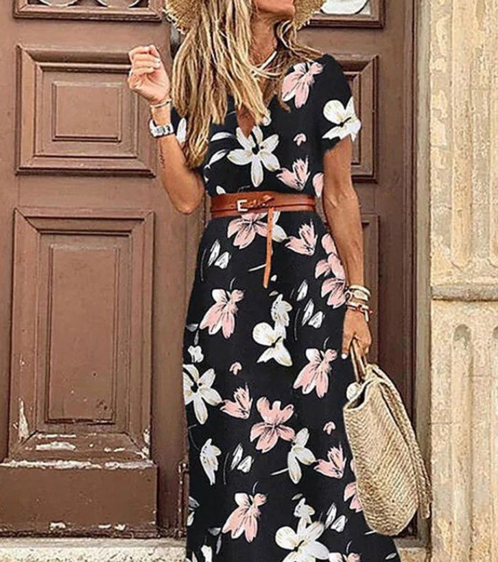 Barbara – V-neck floral dress in Simiya style