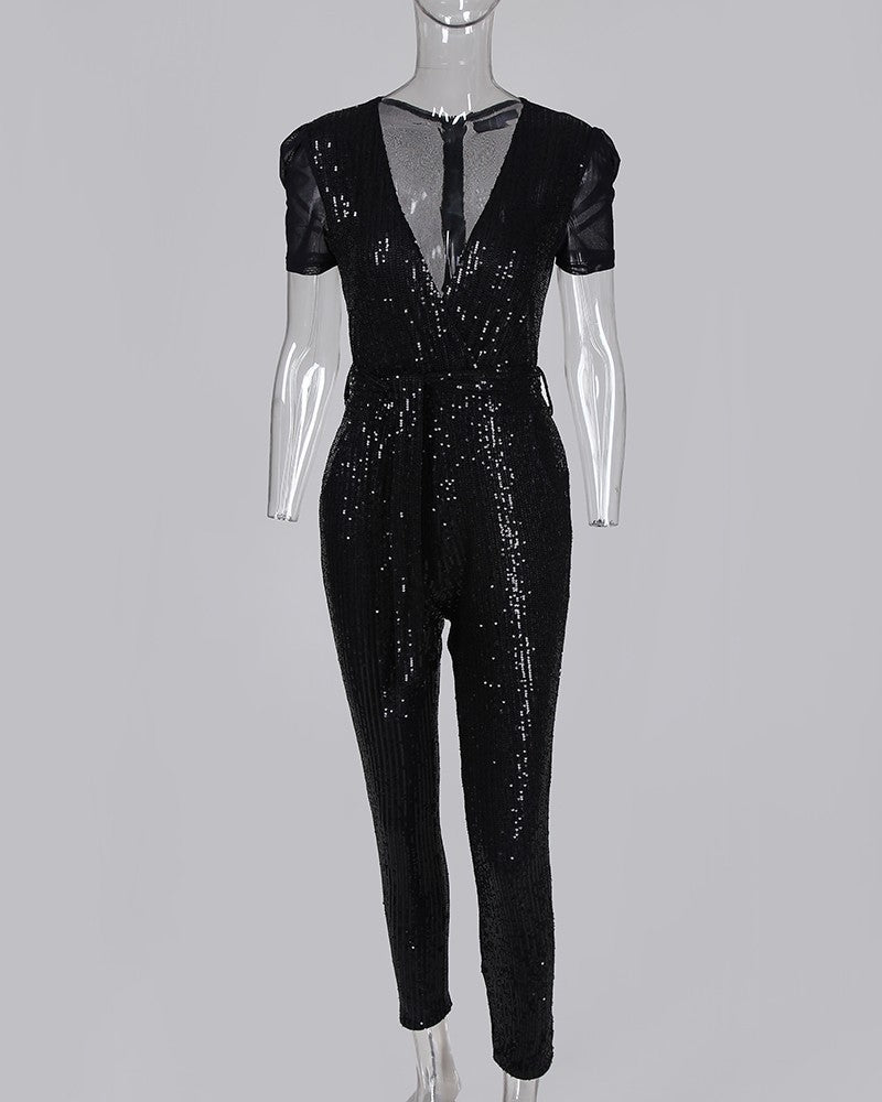 Natalie – Tiefer V-Ausschnitt Pailletten-Jumpsuit