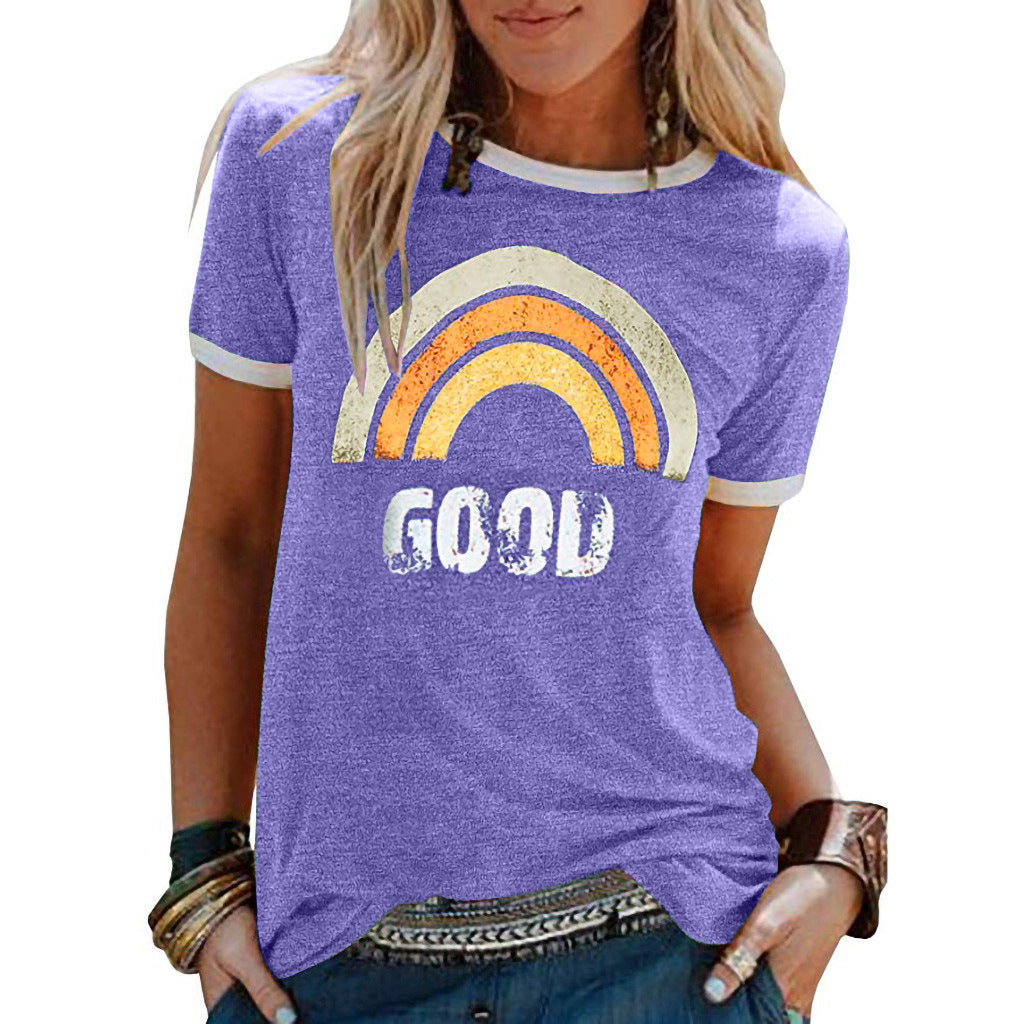 Sarah – Regenbogenmuster Kurzarm-T-Shirt