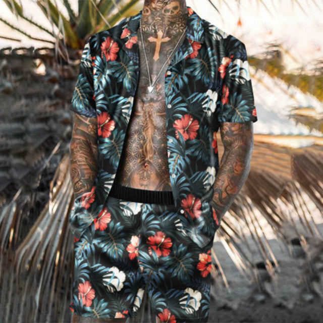 Damian – Floral Hemd Strand Zweiteiliges Set Neue Mode Herren
