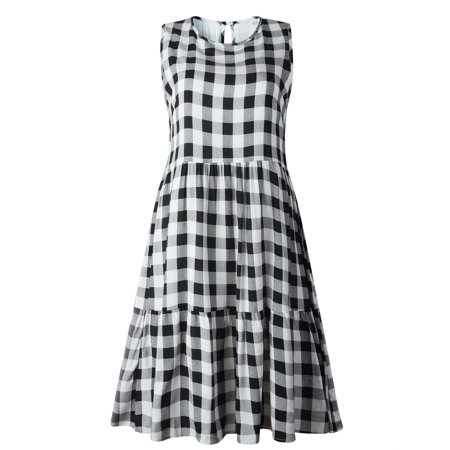 Sarah – Lockeres, tailliertes ärmelloses Kurzkleid mit schwarzem Karomuster