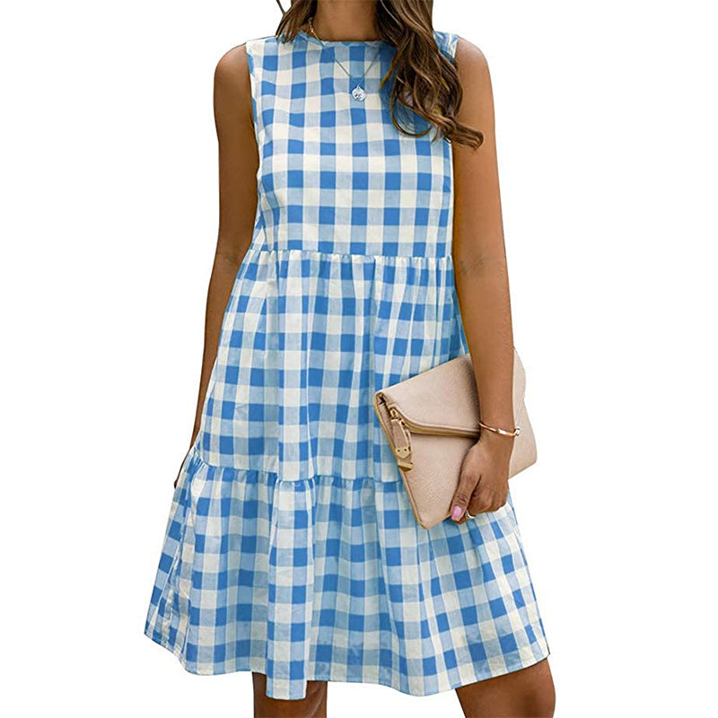 Sarah – Lockeres, tailliertes ärmelloses Kurzkleid mit schwarzem Karomuster