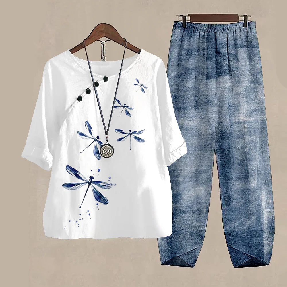 Damen Freizeit Set im Japanischen Stil mit Libellen-Print – Zweiteiler, Bequem für Alltag & Reisen