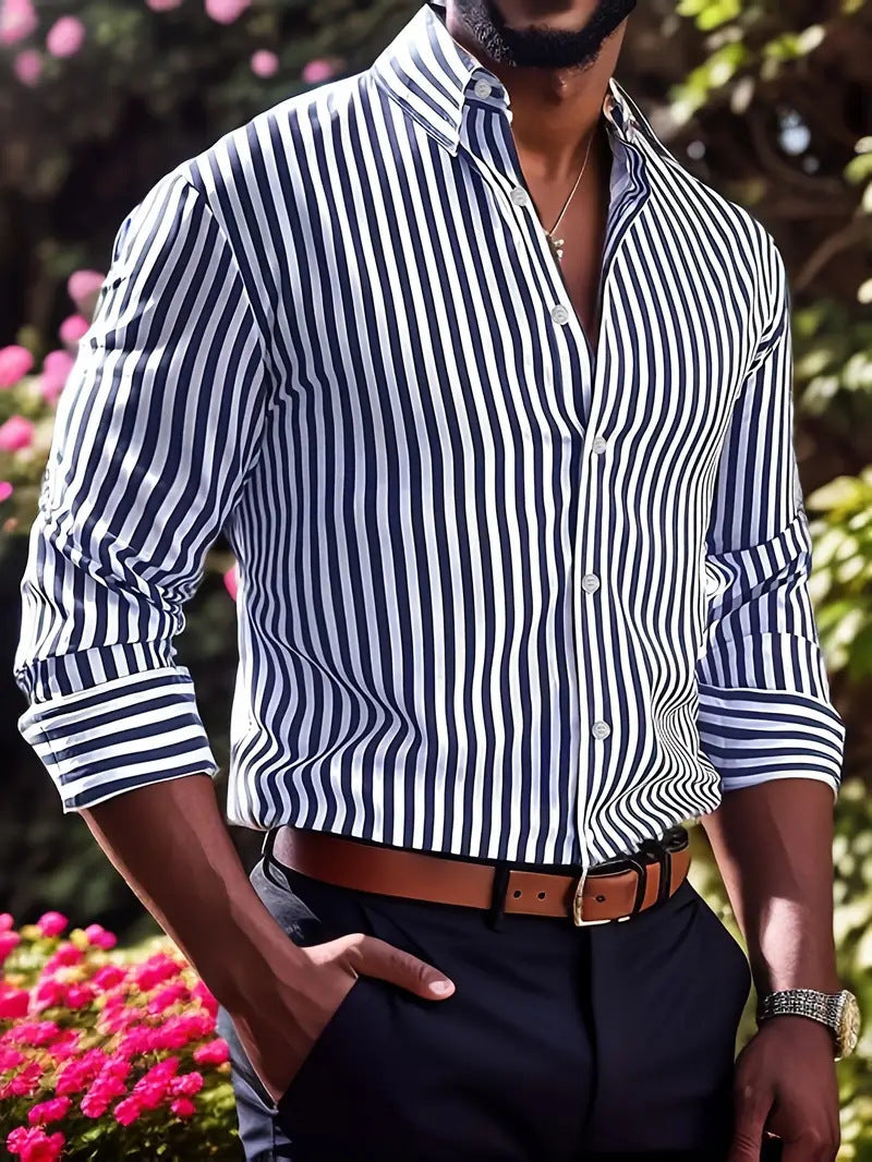 Herren Business-Freizeit Hemd mit vertikalen Streifen und Knopfleiste – Moderner Slim Fit Look