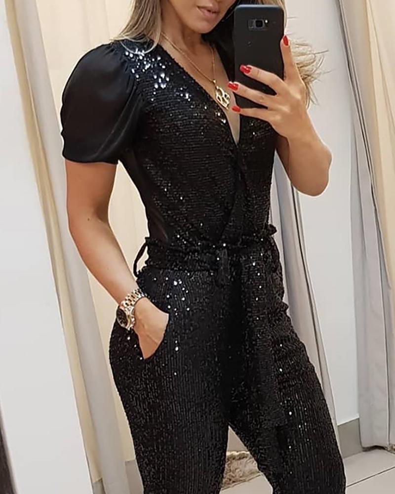 Natalie – Tiefer V-Ausschnitt Pailletten-Jumpsuit