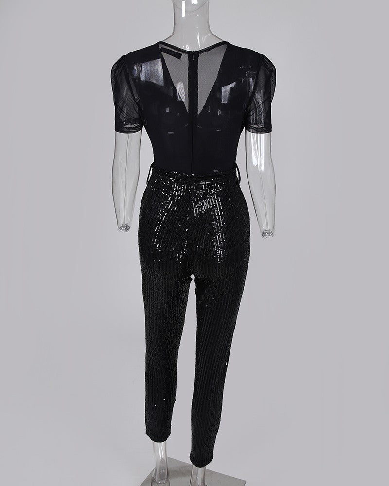 Natalie – Tiefer V-Ausschnitt Pailletten-Jumpsuit
