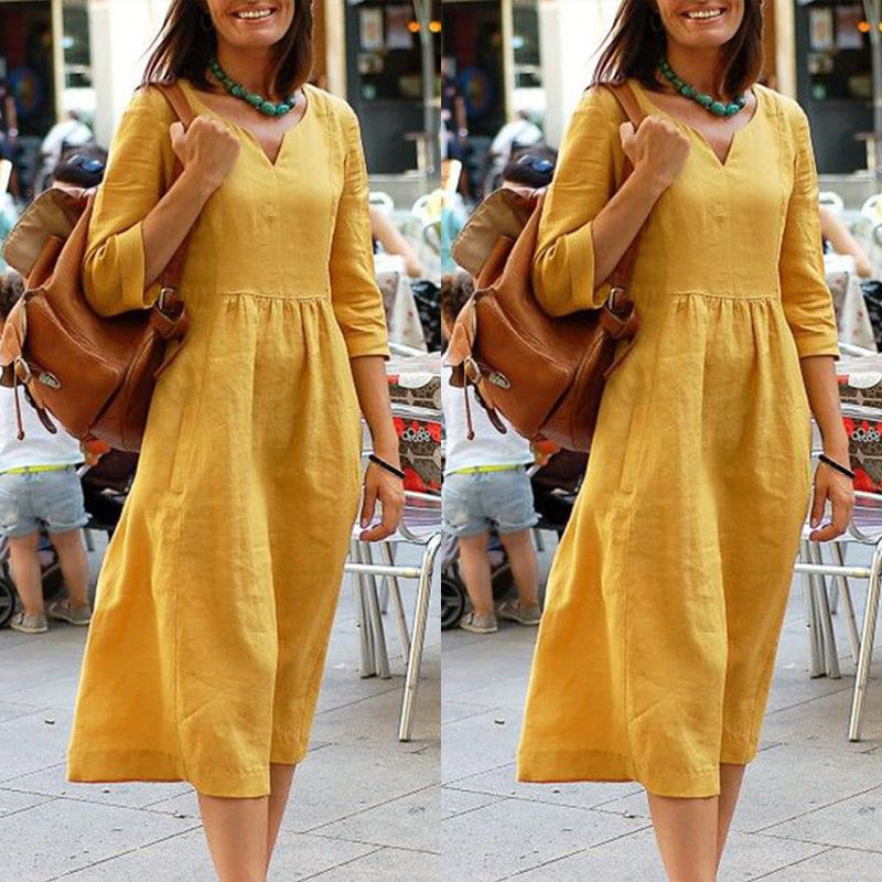 Damen Freizeit Midikleid mit V-Ausschnitt und 3/4-Ärmeln – Lockerer, eleganter Alltagslook