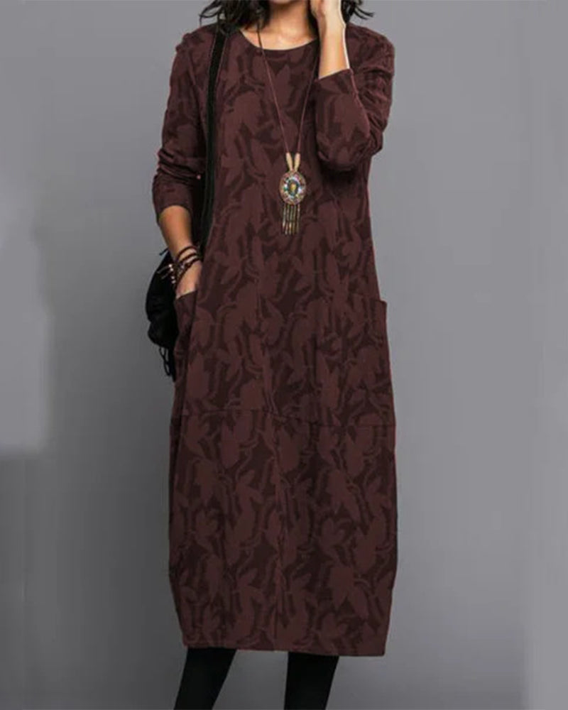 Damen Casual Langarm Midi-Kleid mit Taschen – Eleganter Alltagslook für Herbst und Winter