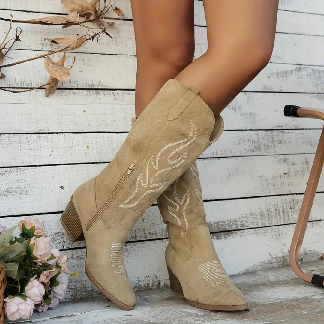 Damen Kniehohe Vintage Cowboy Stiefel mit Absatz – Westernstil für Alltag & Events