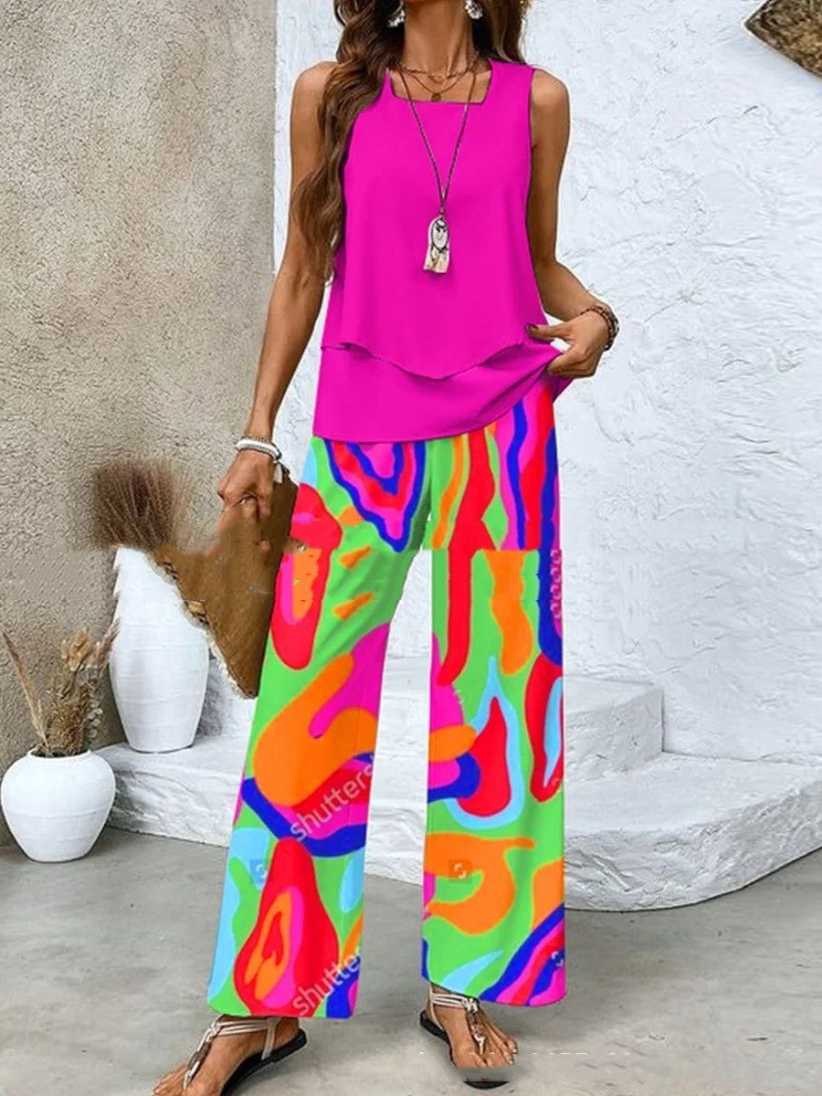 Tanya – Sleeveless Double-Layer Vest and Loose Straight Pants for Women