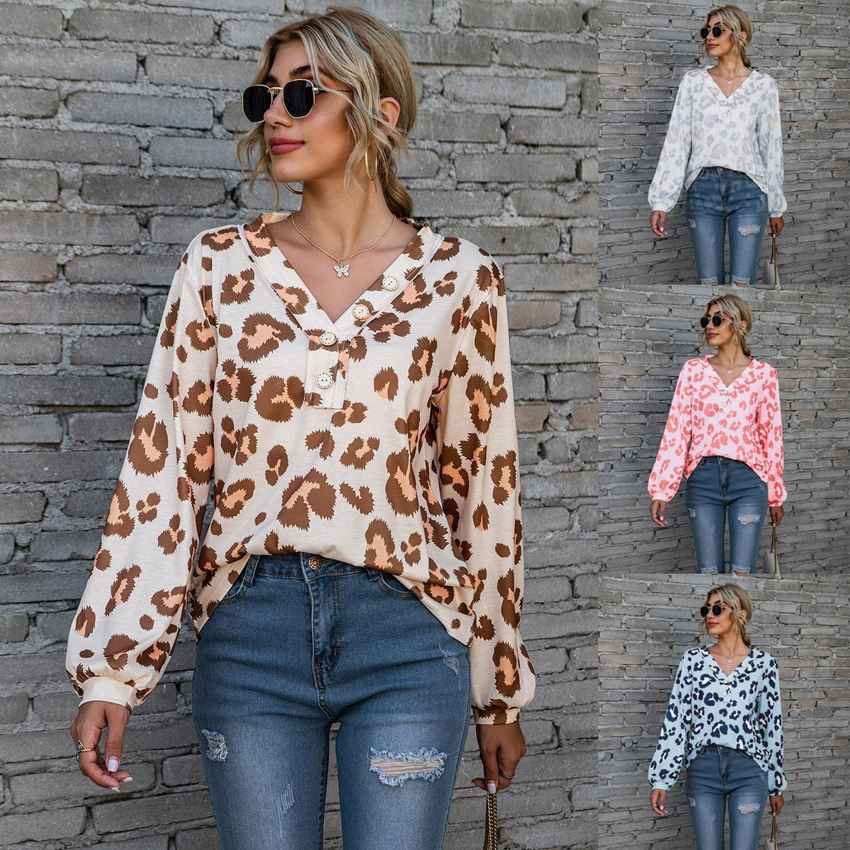 Alison – Leopardenmuster V-Ausschnitt T-Shirt mit lockeren langen Ärmeln für Damen