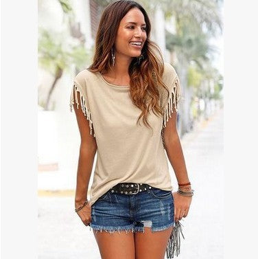 Lisa – Damen T-Shirt mit Rundhalsausschnitt und Fransen