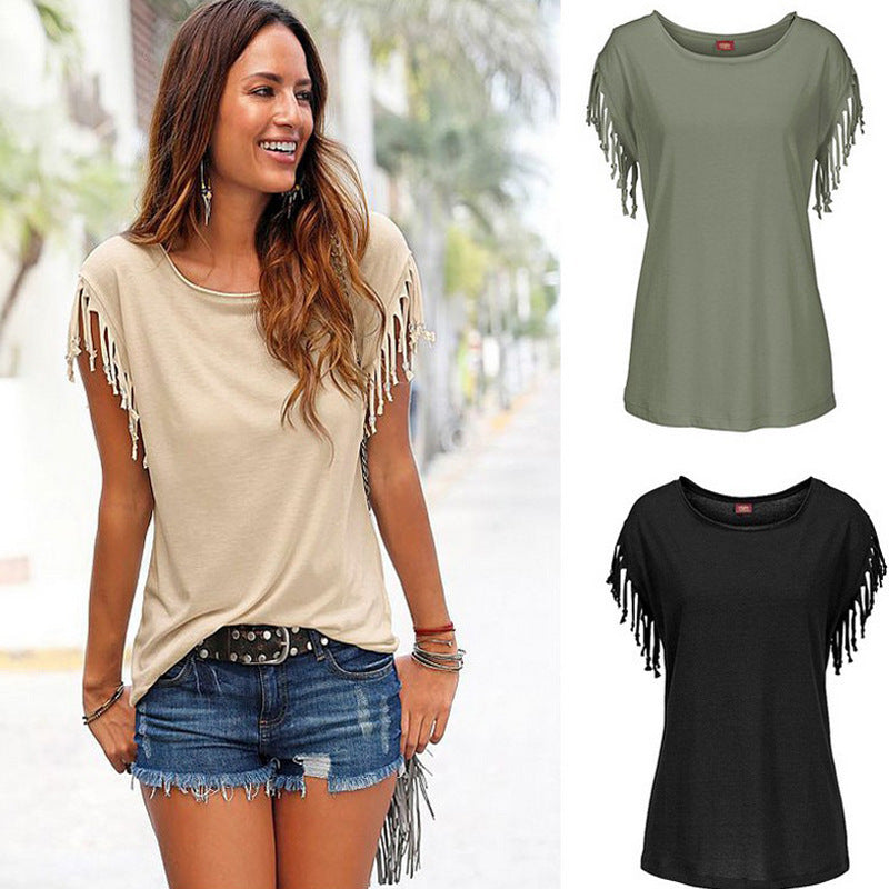 Lisa – Damen T-Shirt mit Rundhalsausschnitt und Fransen
