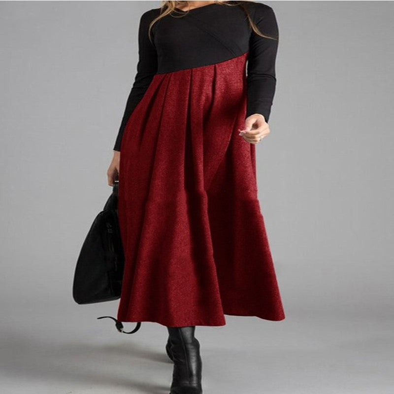 Damen Elegantes Midikleid mit Kontrastnähten und Langarm – Schwingender Schnitt für Büro & Alltag