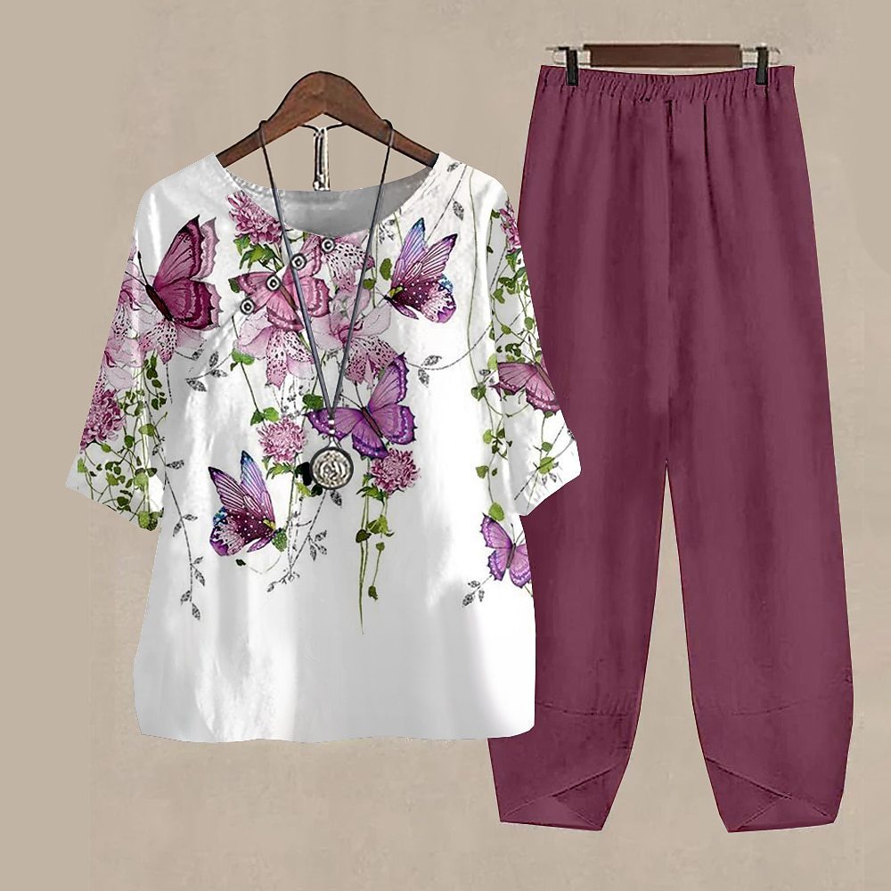 Damen Freizeit Set im Japanischen Stil mit Libellen-Print – Zweiteiler, Bequem für Alltag & Reisen