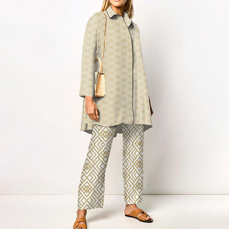 Women's two-piece set with modern geometric pattern – casual outfit for everyday and office