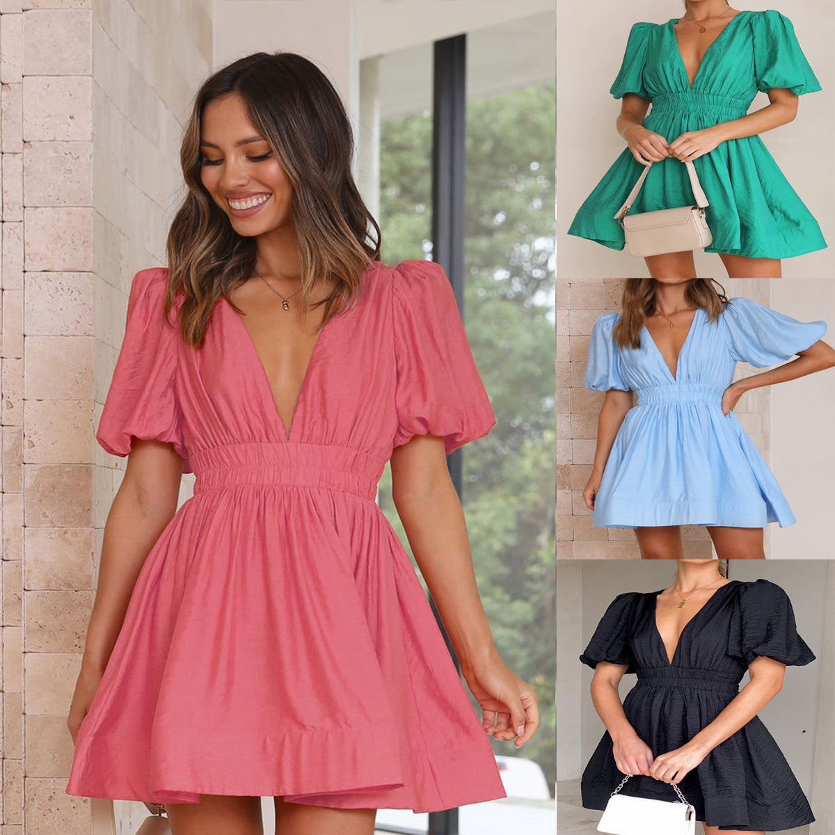 Shannon – Kurzes Kleid mit V-Ausschnitt und Laternenärmeln