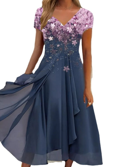 Damen Elegantes Chiffon Midikleid mit Blumenmuster und A-Linie für besondere Anlässe