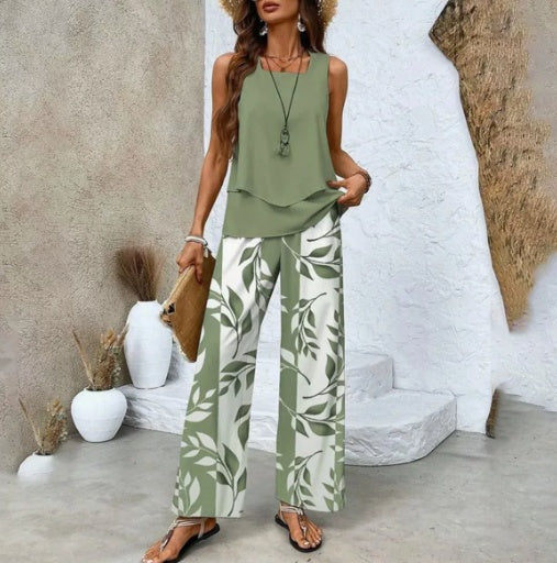 Tanya – Sleeveless Double-Layer Vest and Loose Straight Pants for Women
