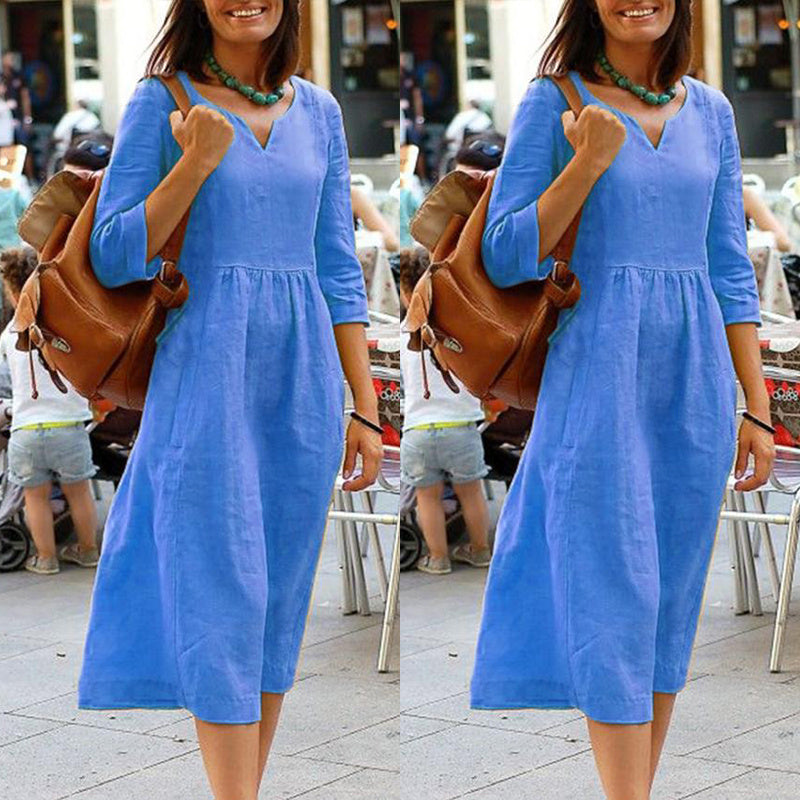 Damen Freizeit Midikleid mit V-Ausschnitt und 3/4-Ärmeln – Lockerer, eleganter Alltagslook
