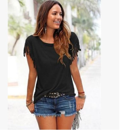 Lisa – Damen T-Shirt mit Rundhalsausschnitt und Fransen