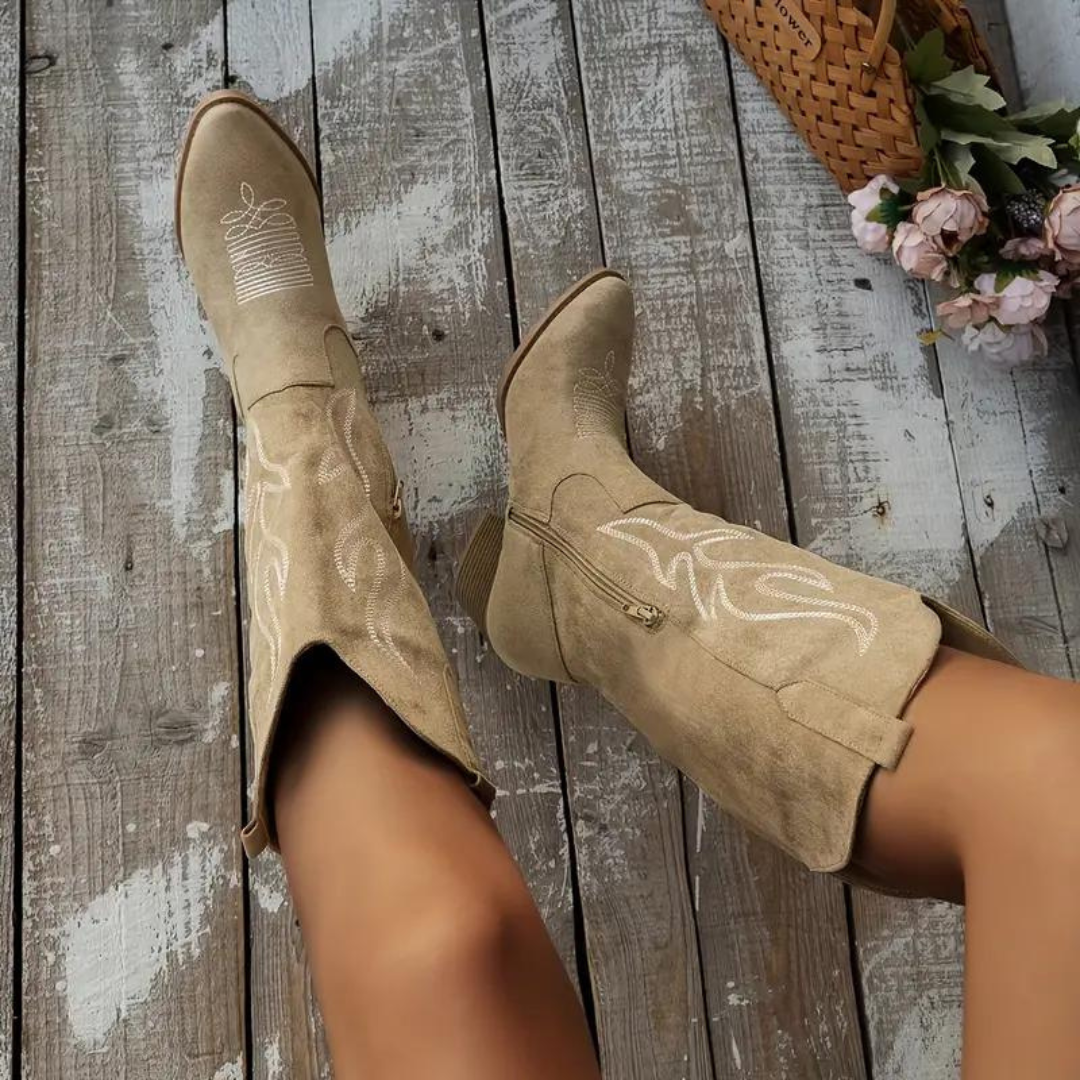 Damen Kniehohe Vintage Cowboy Stiefel mit Absatz – Westernstil für Alltag & Events