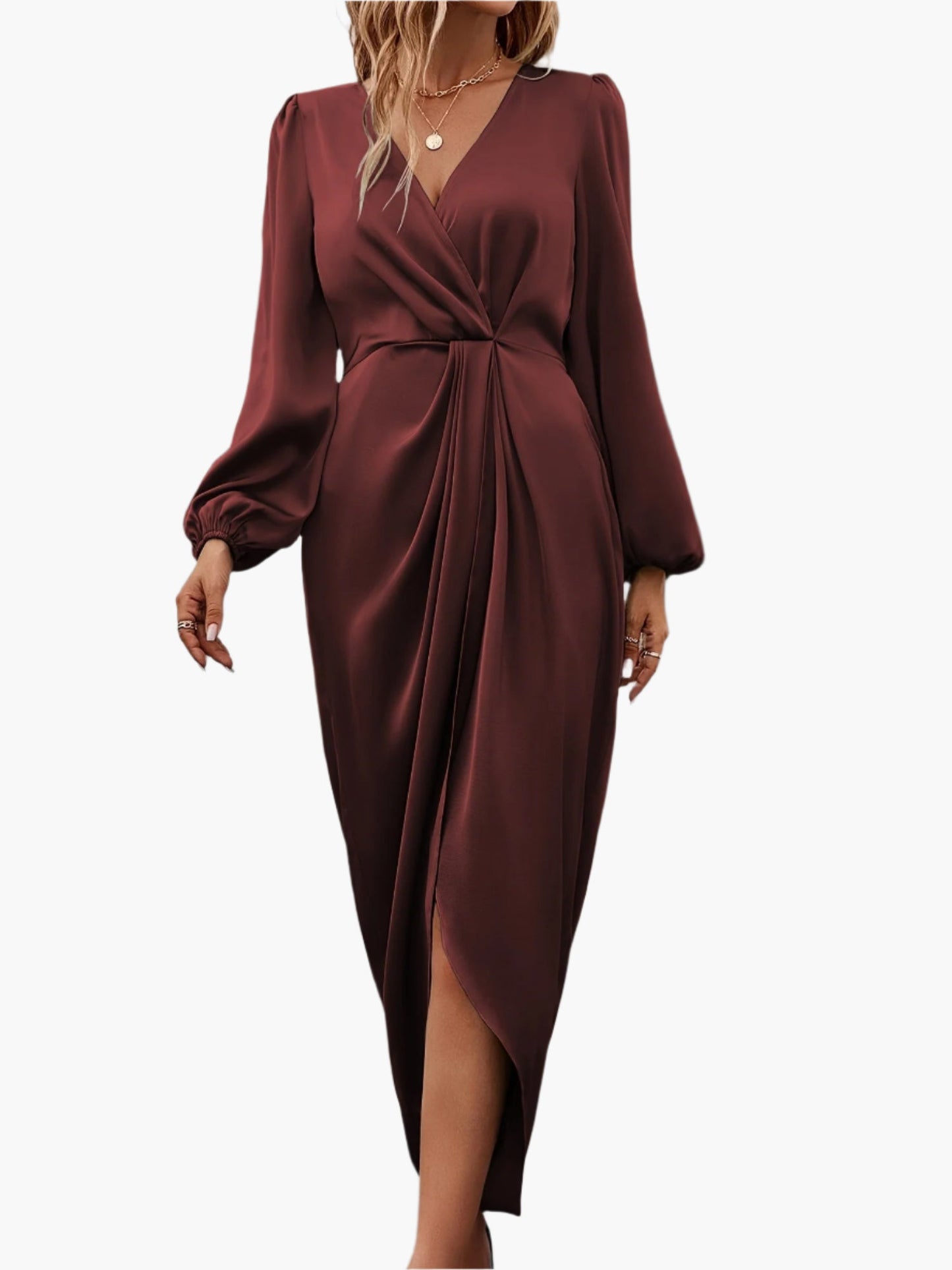Damen Elegantes Wickelkleid – Formelles Cocktail- & Abendkleid mit Langarm und V-Ausschnitt, Perfekt für Festliche Anlässe