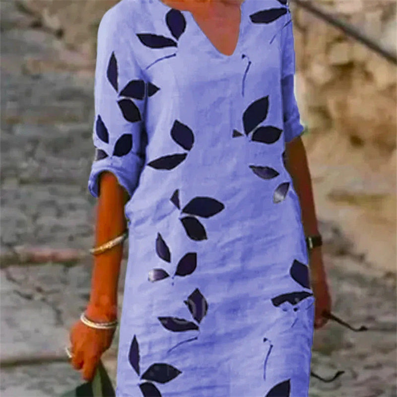 Jasmine – Vintage dress with leaf print and half sleeves