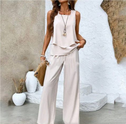 Tanya – Sleeveless Double-Layer Vest and Loose Straight Pants for Women